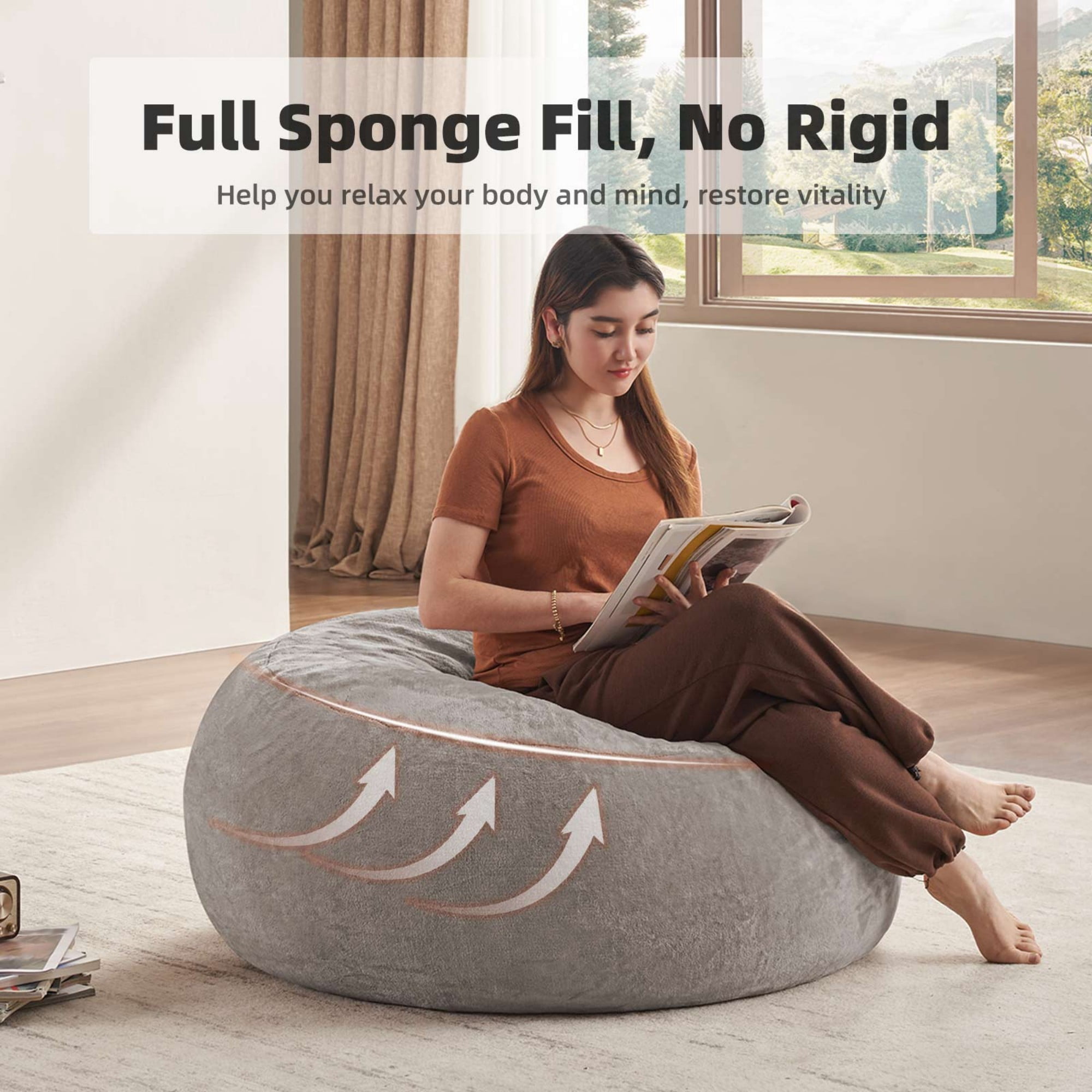 LLappuil 4 Feet Bean Bag Chair, Lazy Sofa Chair for Adults, Memory Foam Bean Bag Chairs with Filler Included for Living Room Bedroom Khaki