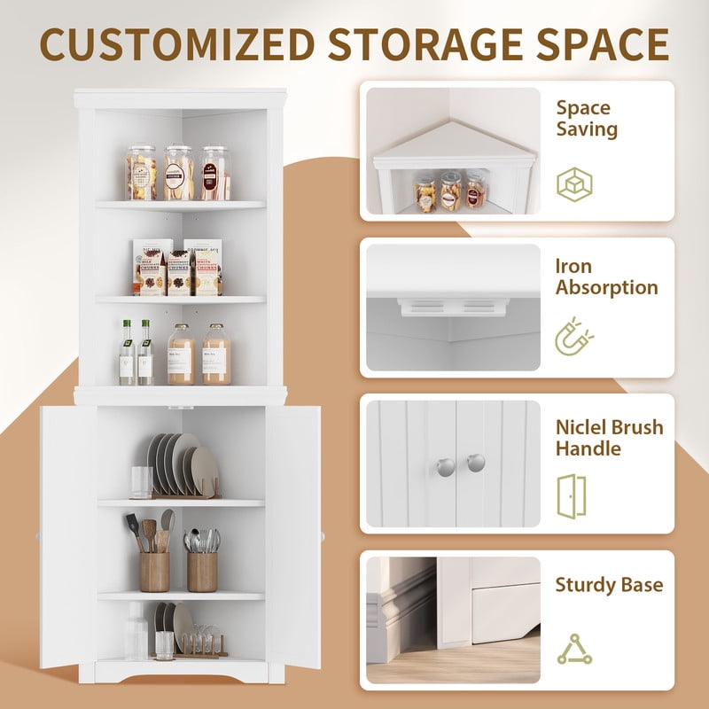 Lacoo 62'' Tall Corner Cabinet with 3 Shelves and 2 Doors, Corner Storage Cabinet Shelving Storage with Adjustable Shelves for Kitchen Living Room Bathroom, White