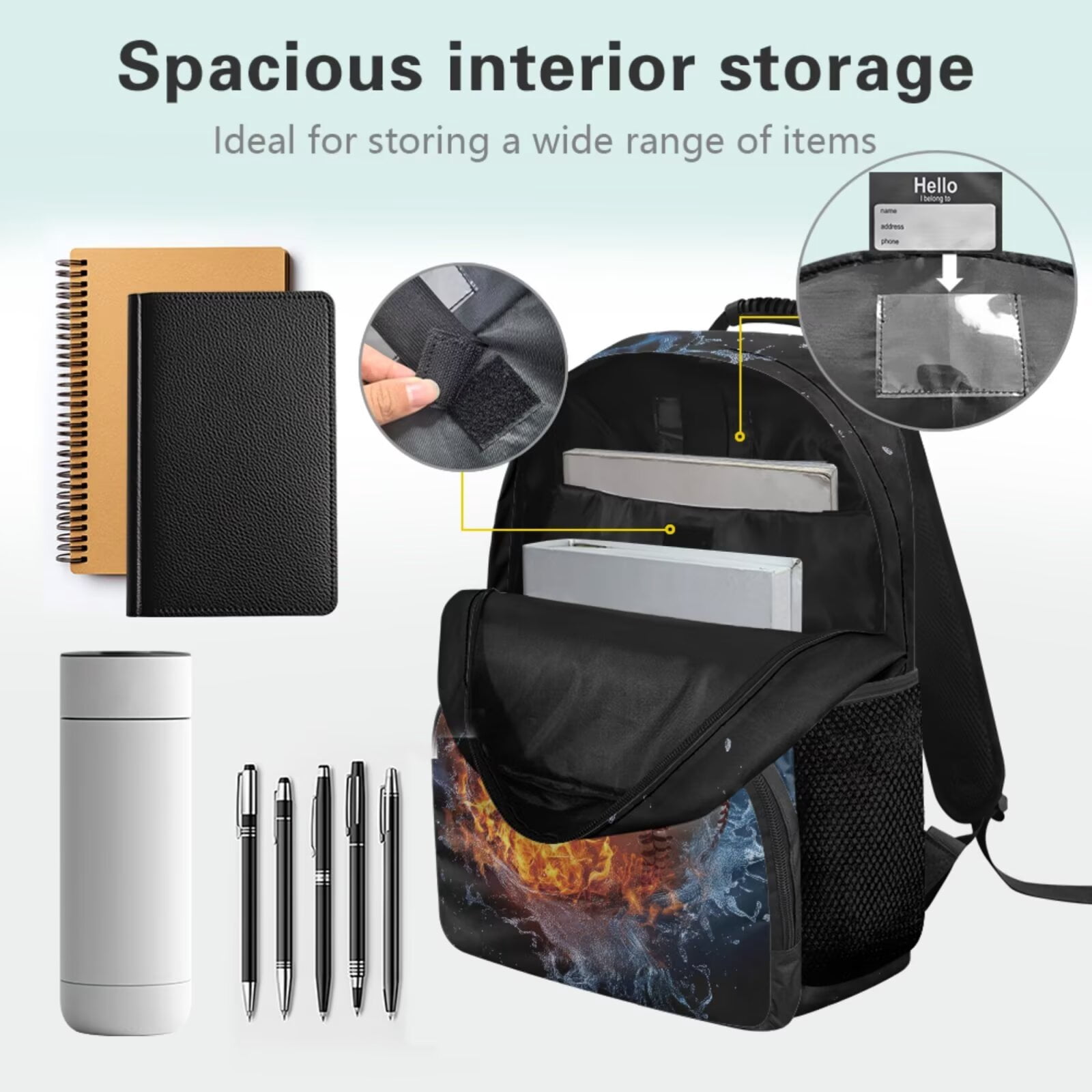 Pzuqiu Fire Baseball Backpack for Girls 8-12 Boys Backpacks with Lunch Box Kids Bookpack Double Shoulder Bag, 4 Piece Backpack Pencil Case 17 Inch Rucksack Travel Bag for Teens