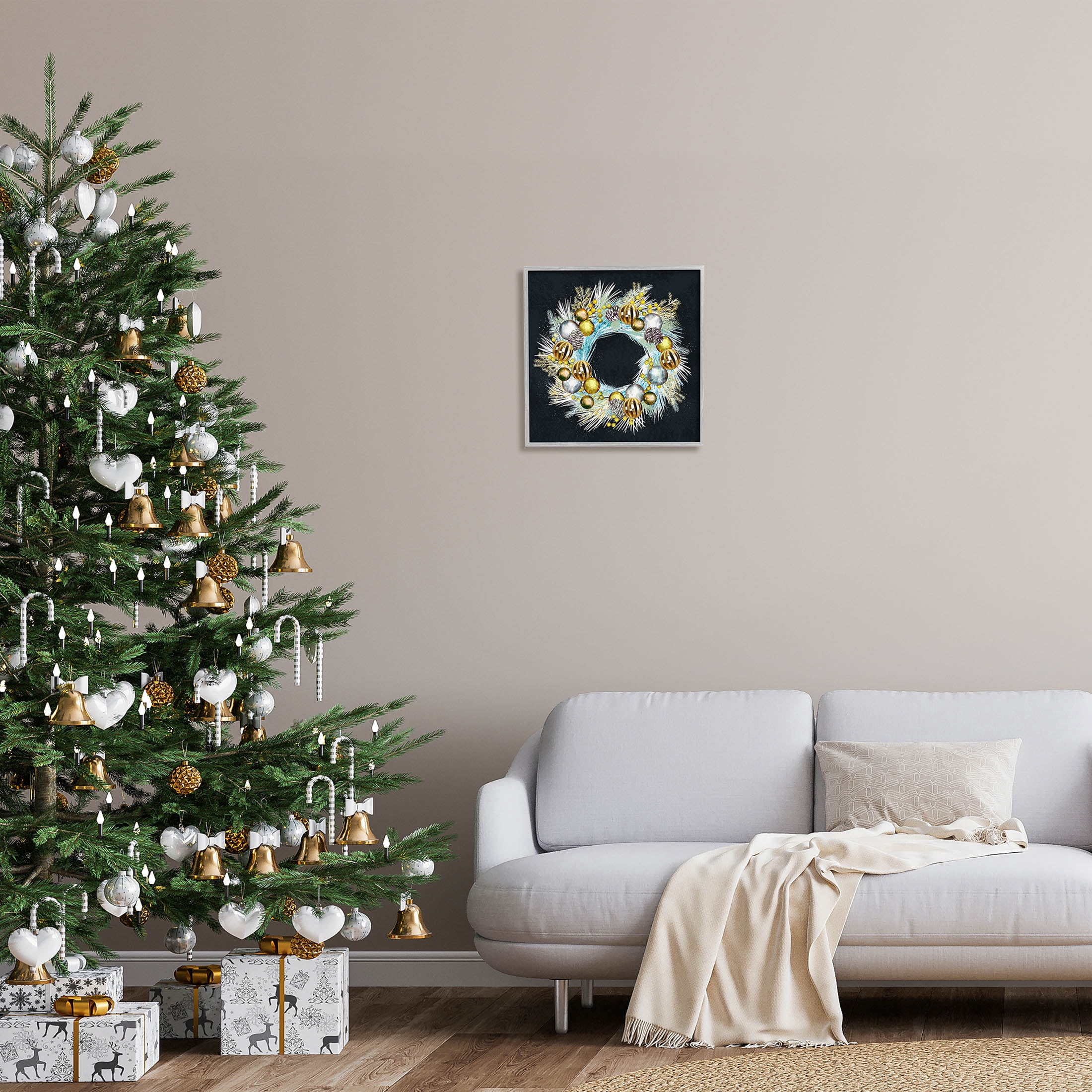 Gleaming Seasonal Pine Wreath Holiday Graphic Art Gray Framed Art Print Wall Art