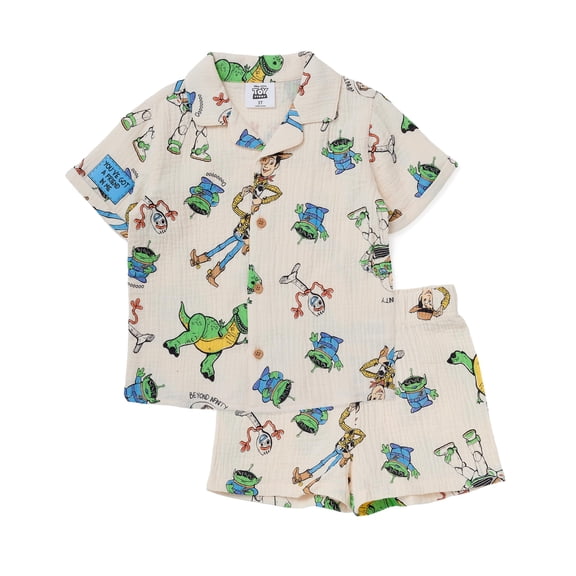 Disney Pixar Toy Story Boys Cotton Button Up Shirt and Shorts Set, Summer Outfit for Toddler & Little Kids (Ivory, 5)