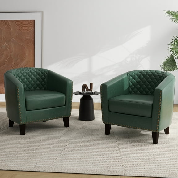 UIXE Accent Chairs Modern Upholstered Armchair Comfy Faux Leather Single Sofa, Green, Set of 2
