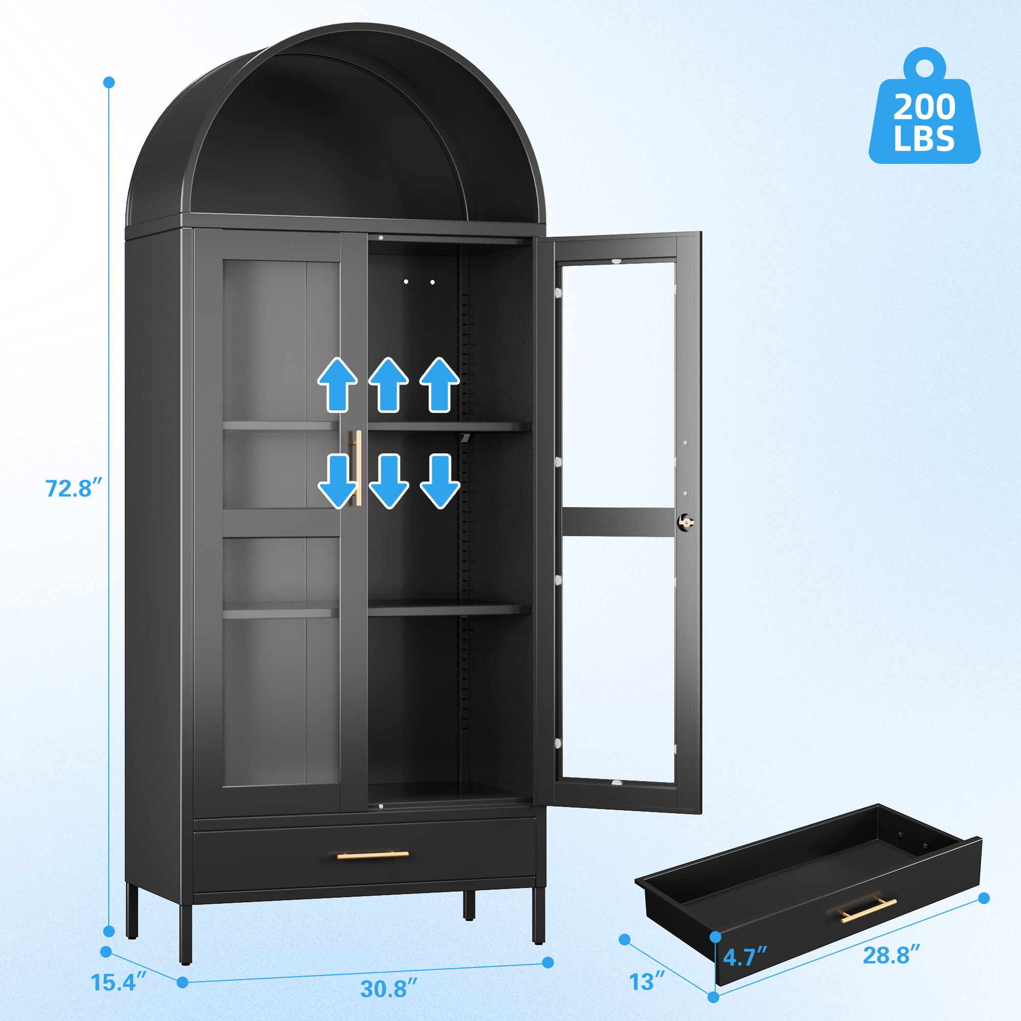 Supeer 73-Inch Tall Arched Kitchen Pantry Lockable Storage Cabinet with Glass Door, 1 Drawer, 2 Shelves, Black, Assembly Required