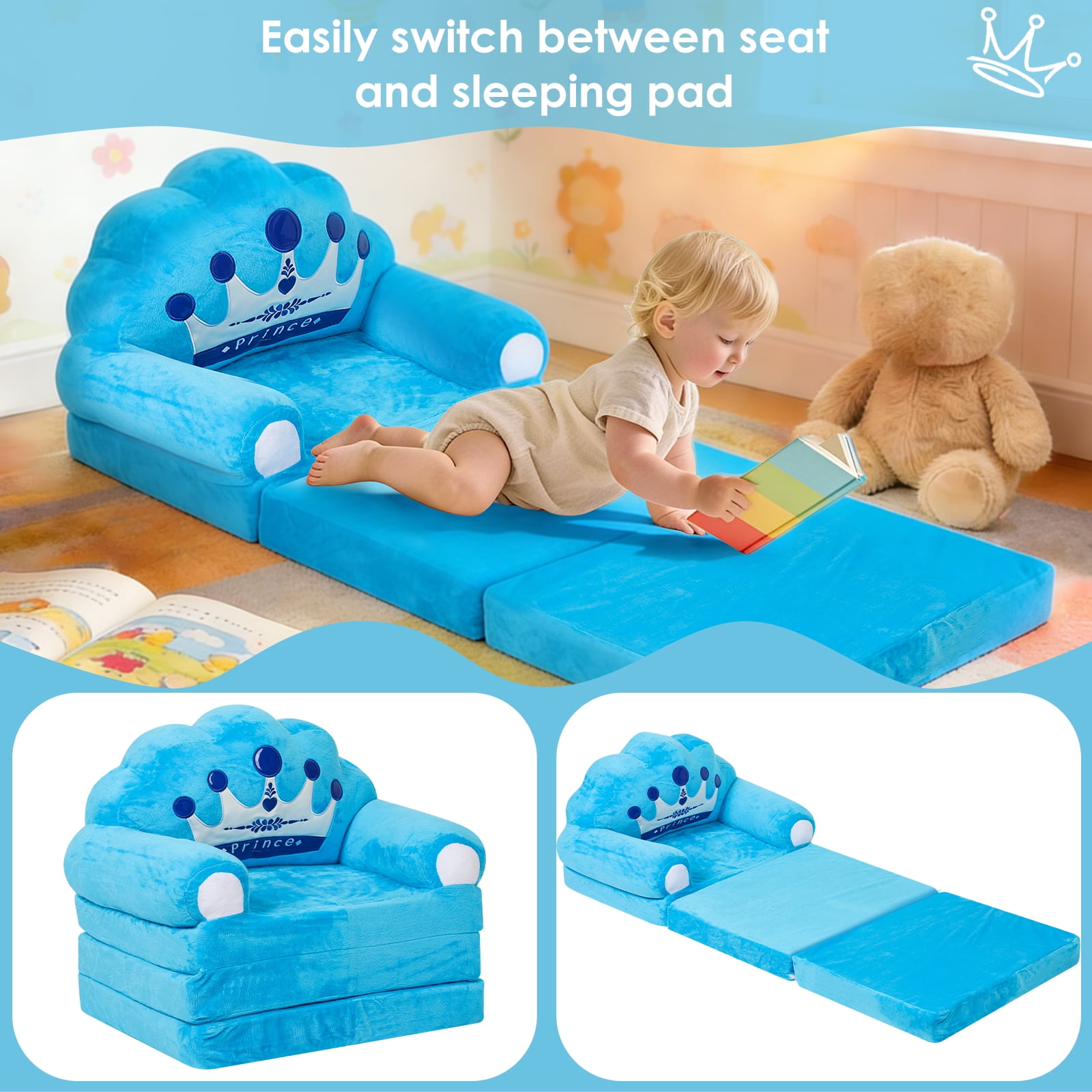 Dznils Toddler Sofa Chair, 2-in-1 Soft Foam Flip Open Kids Couch Lounger Comfy, Ages 1+, Blue Prince