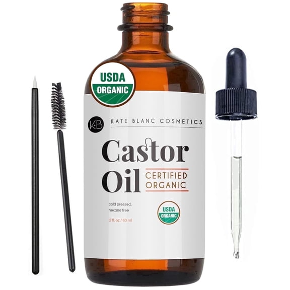 Kate Blanc Cosmetics Organic Castor Oil, 2fl oz, Cold-Pressed Hexane-Free Unrefined Oil for Eyelashes, Eyebrows & Hair