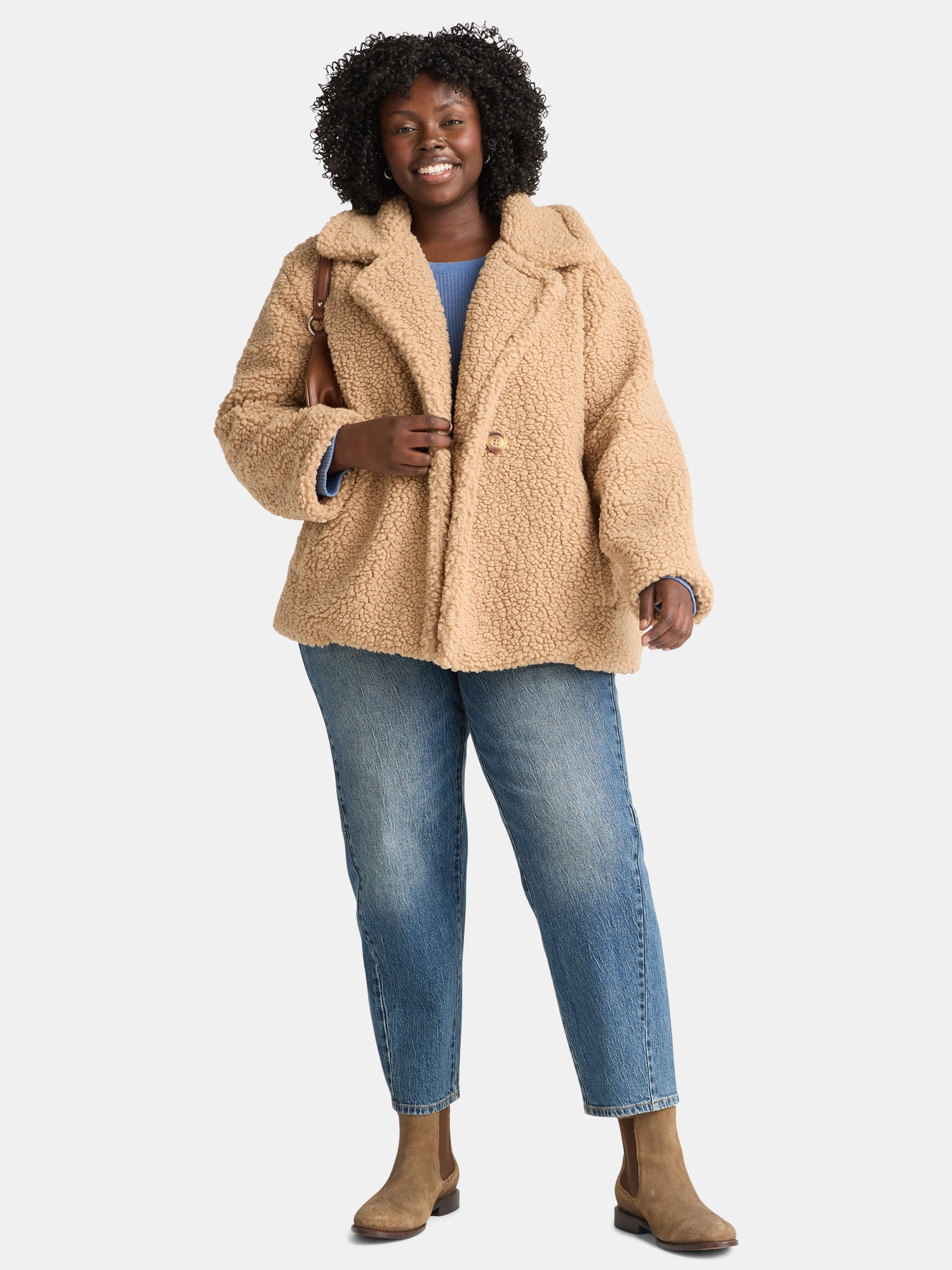 Time and Tru Women's and Women's Plus Teddy Double Breasted Jacket, Sizes XS-3X