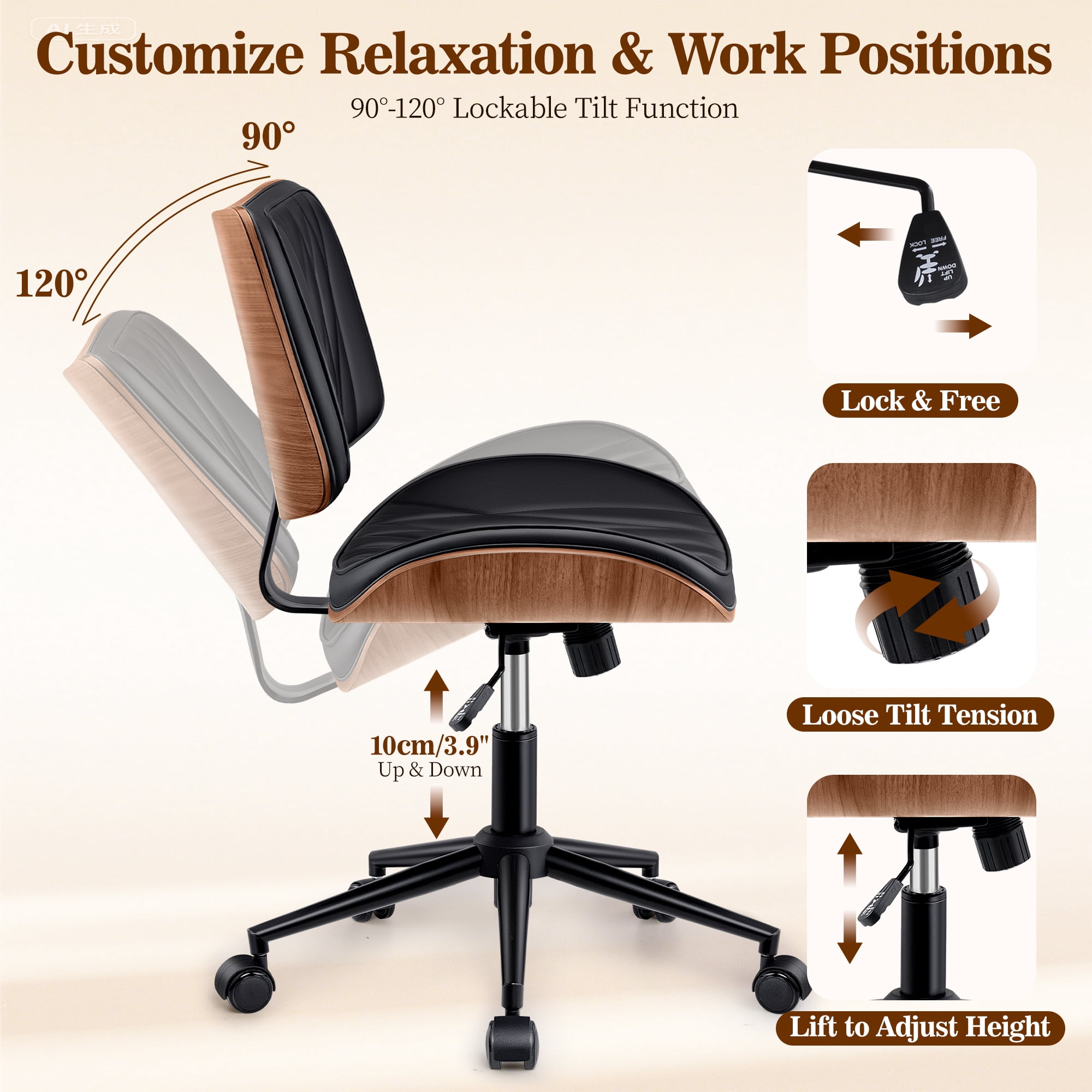 COOLHUT Home Office Chair, Armless Adjustable Height Small Office Desk Chair, PU Leather Swivel Computer Chair, Modern Walnut Bentwood Chair for Office, Reading Meeting Room, Makeup Vanity, Black