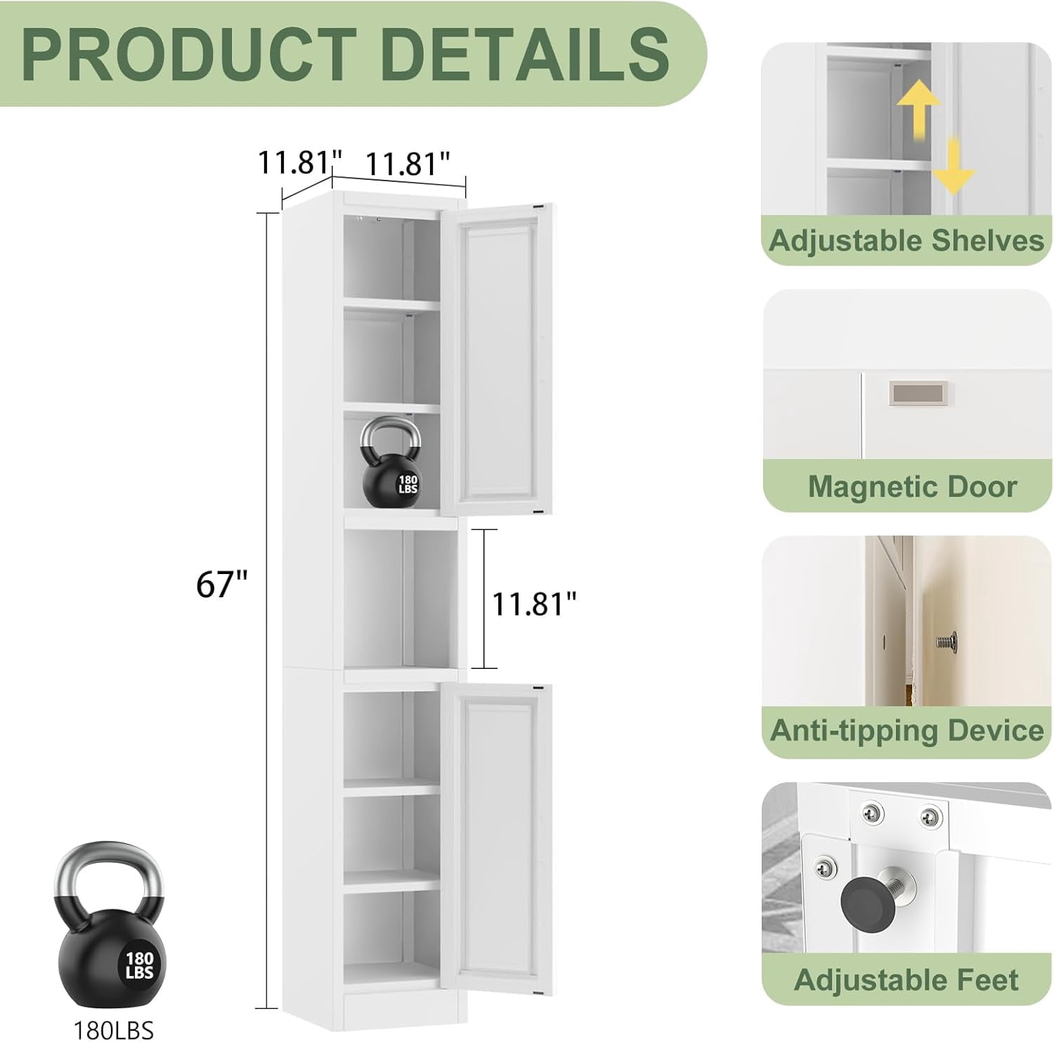 Ero 67" Metal Storage Cabinet with Lock, Tall Narrow Office File Cabinets with 2 Doors & 4 Adjustable Shelves