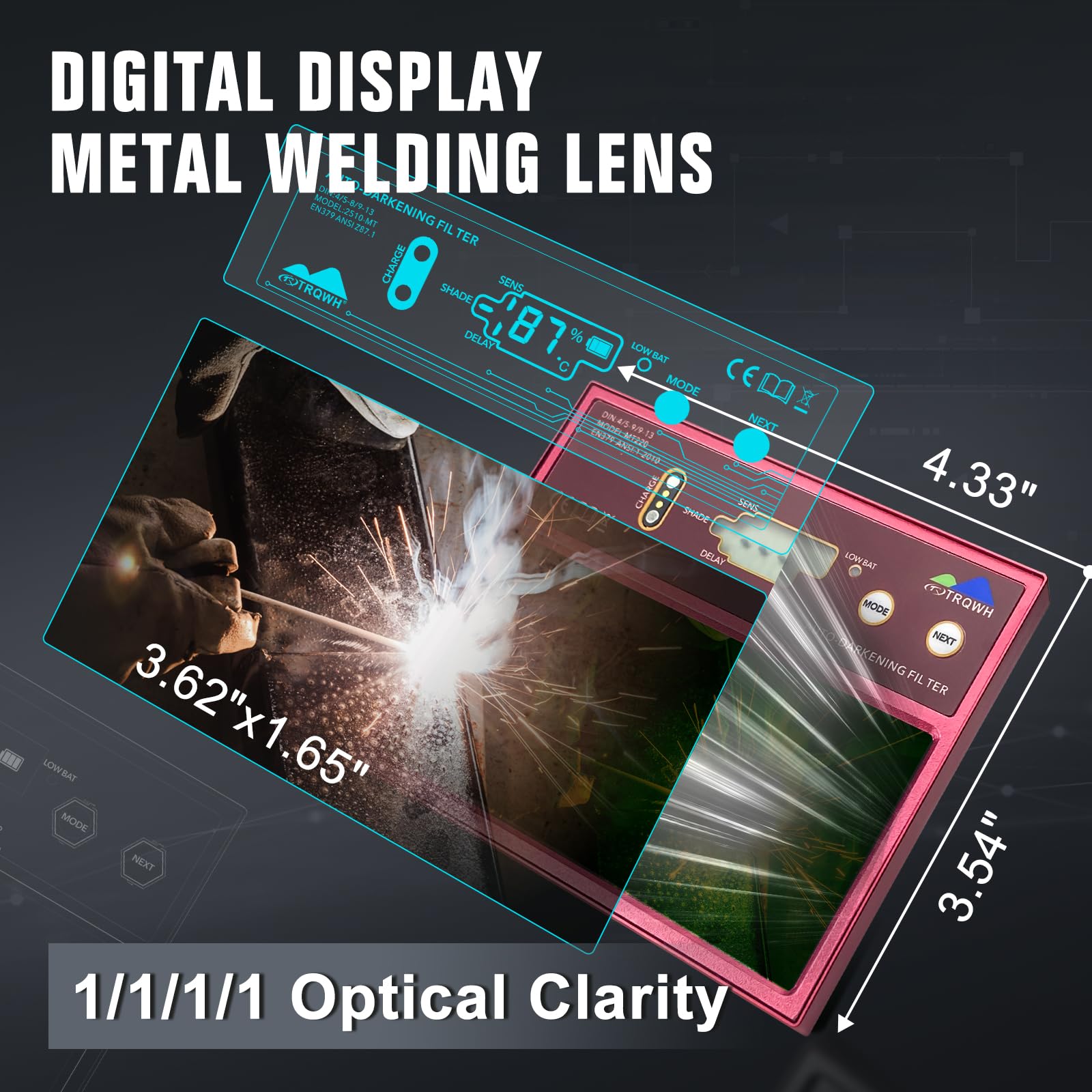 TRQWH Digital Display Metal Auto Darkening Welding Lens 4.33x3.54in True Color Technology Welding Helmet Lens Adjustable Shade Range 4/5-13 HD Automatic Welding Lens for Welding Hood Parts, Rose