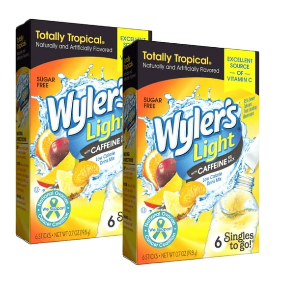 Wyler's Light Singles To Go Caffeinated Drink Mix Zero Sugar Low-Calorie Totally Tropical Fruity Flavored On The Go Water Enhancer Mix Packets for Lunch Picnics Outdoor Beverages 2 Boxes (12 Servings)