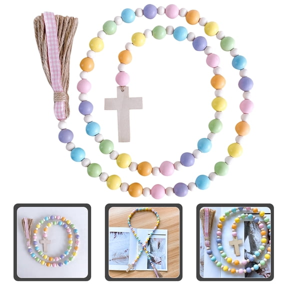 Worgeous Decorative Wood Bead Pendant with Linen Rope Tassel, Easter Hanging Ornament, Multi-Color, 7.87 Inches
