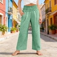thumbnail image 5 of Girls Plaid Cotton Linen Pants High Waist Lounge Pant Y2K Casual Wide Leg Trousers with Pockets Green 140, 5 of 6