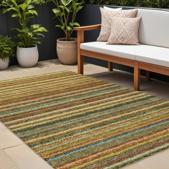8' X 10' Coral Gold And Green Striped Washable Indoor Outdoor Area Rug