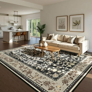 5x7 Area Rugs for Living Room, Washable Area Rug,Vintage Floral Rugs for Bedroom Non-Slip Large Kitchen Rugs Soft Low Pile Carpet for Living Room Dining Room, Black and Camel