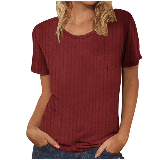 Tii.MM Spring Tops for Women 2025 Short Sleeve Casual Blouses Crewneck Knit Ribbed Summer Sweater Tunic Shirts