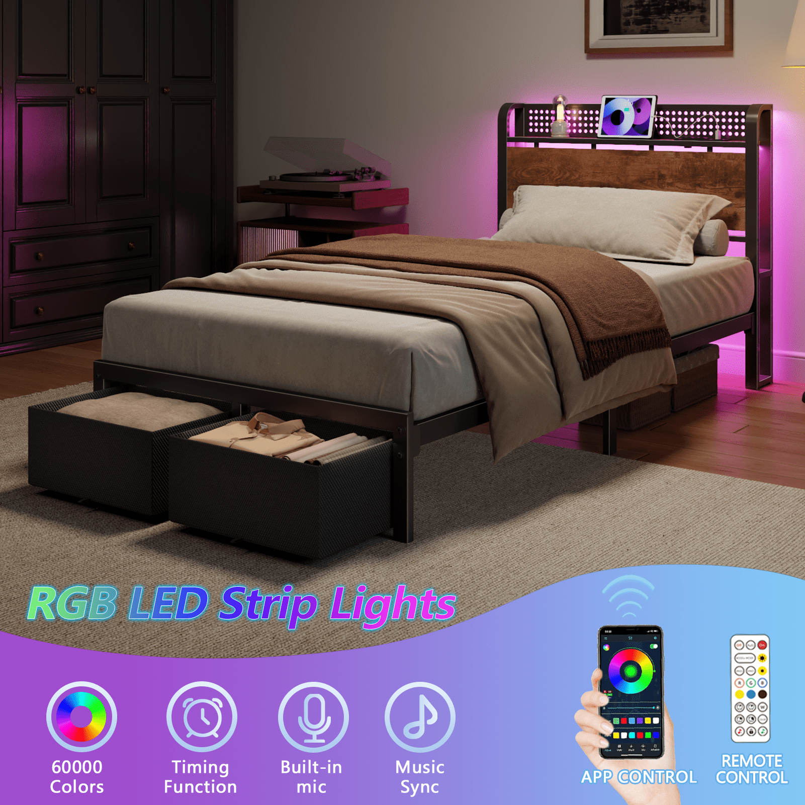Satifur Twin Bed Frame with 2 Drawers & Storage Headboard, Platform Metal Bed with Charging Station, No Box Spring Needed