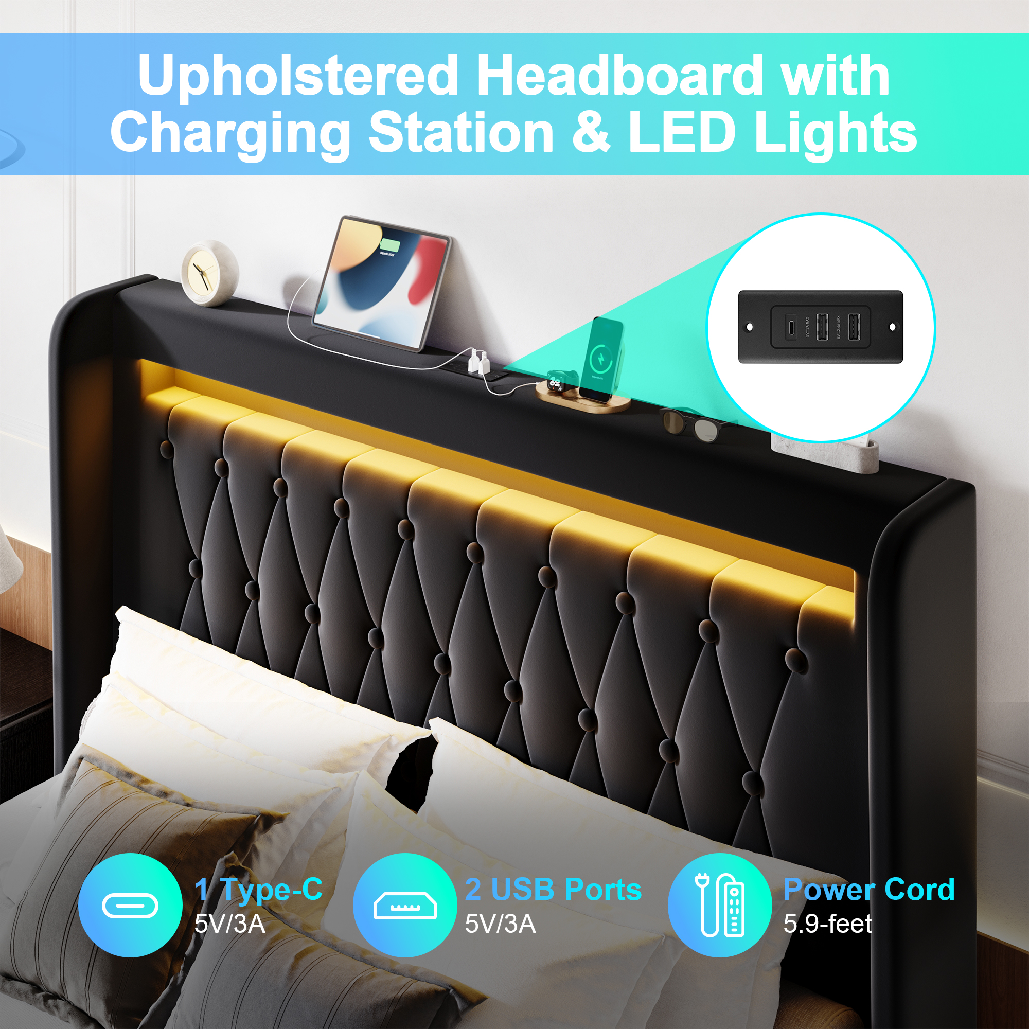 Amolife Queen Size LED Bed Frame, Upholstered Velvet Platfrom Bed with Charging Station, High Wingback Headboard & 2 Lights, No Box Spring Needed, 900 LBS Capacity, Black