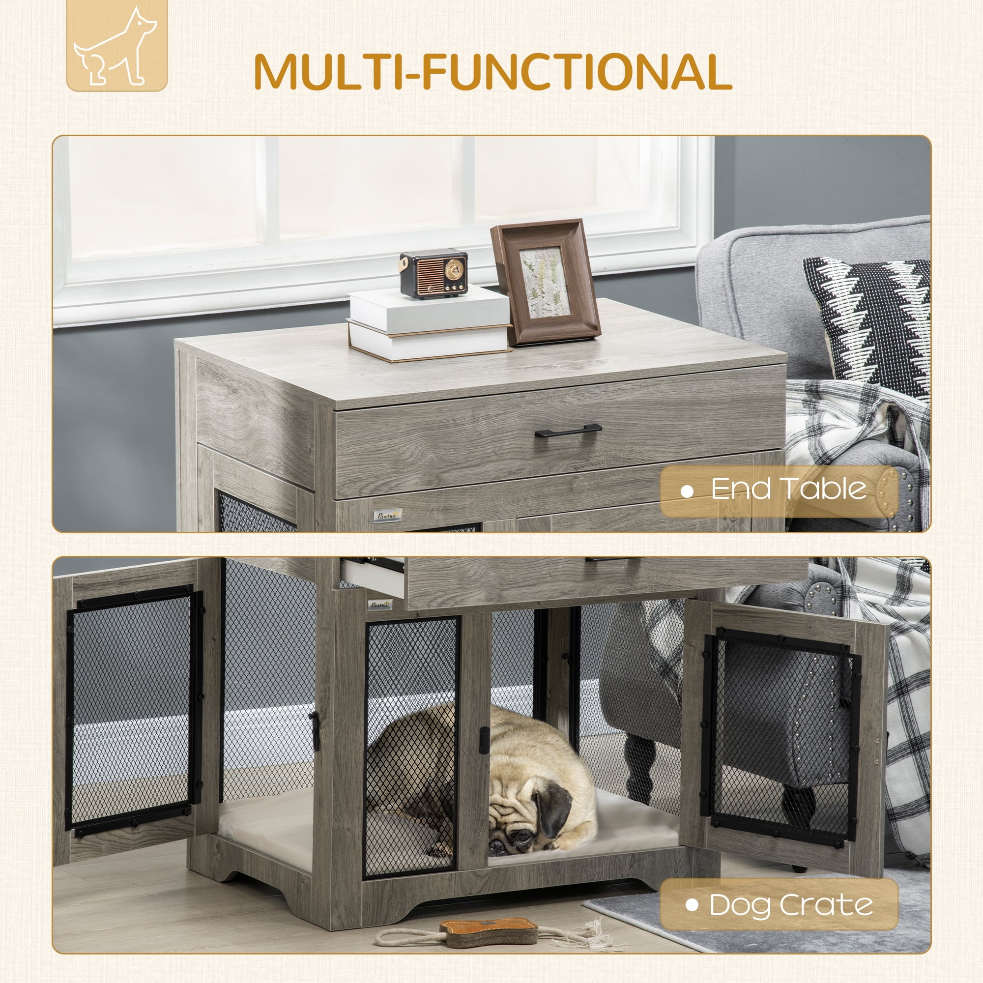 Monique Furniture Style Dog Crate End Table Decorative Puppy House With  Soft Cushion, Side Holes, Removable Door Panel, Safety Lock, Indoor Use,  For