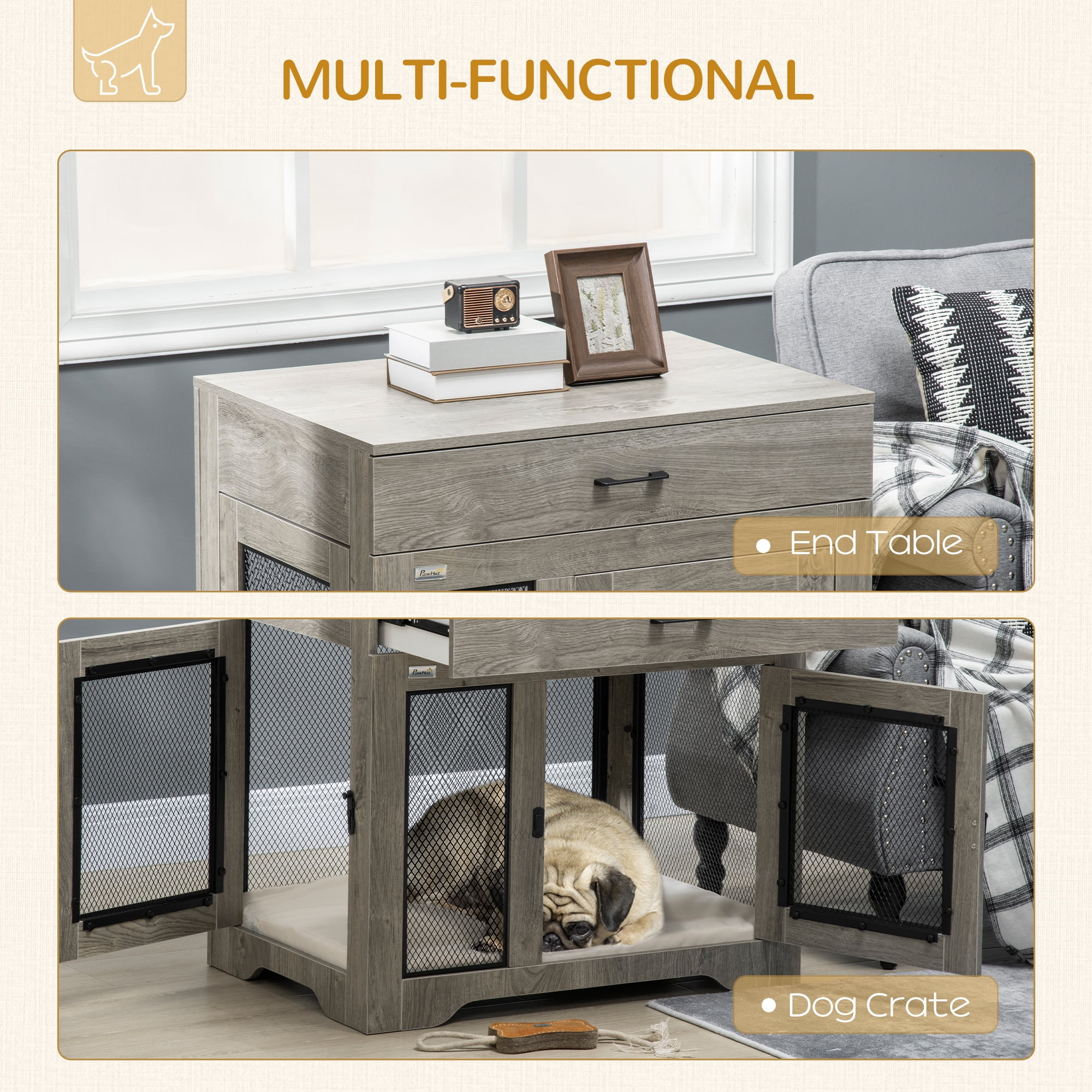 PawHut Dog Crate Furniture with Soft Water-Resistant Cushion, Dog Kennel End Table with Drawer, Puppy Crate for Small Dogs Indoor with 2 Doors, Gray
