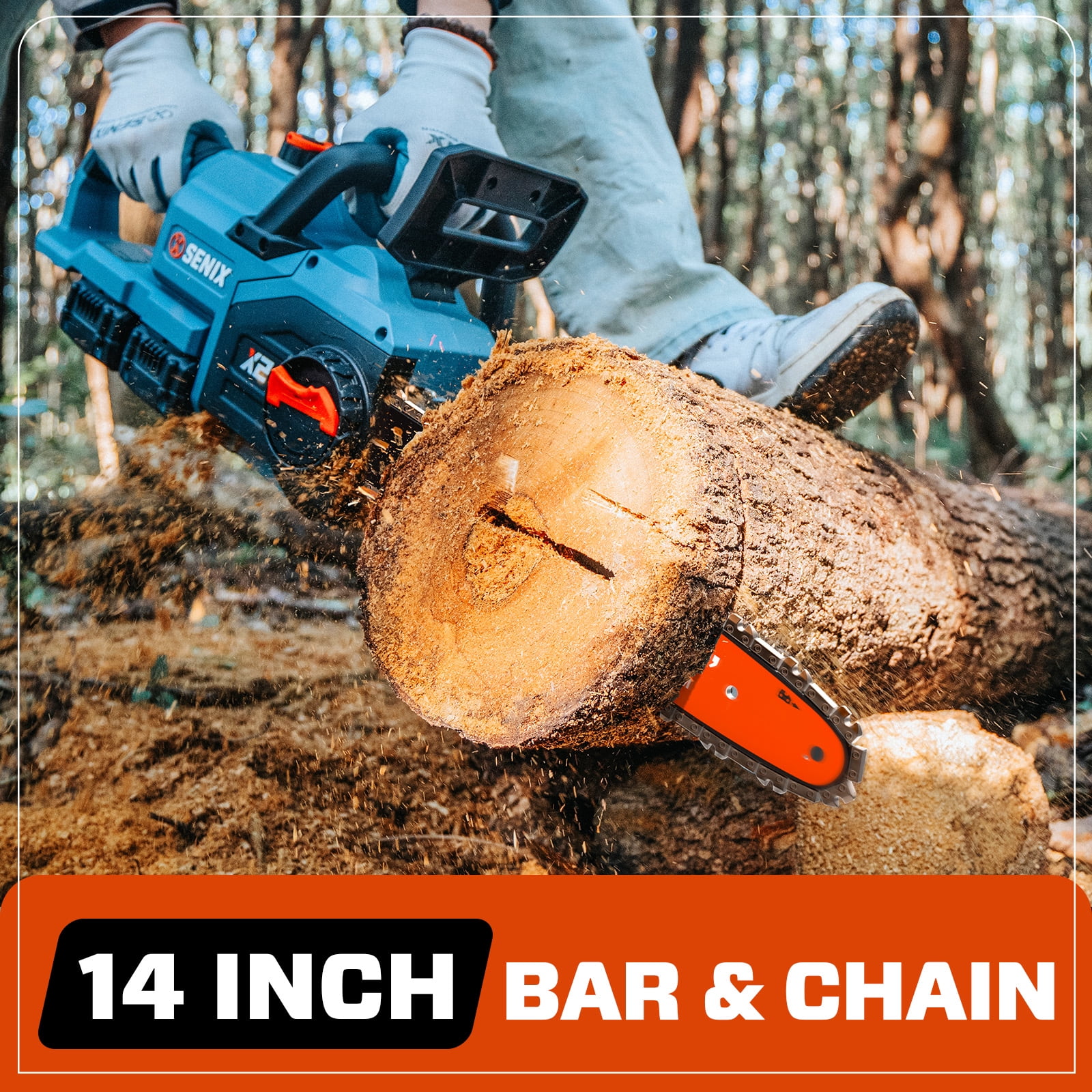 Senix 40V 14-Inch Brushless Cordless Chainsaw w/ Auto Oiler & Tool-Free Tension, 2 x 4Ah Batteries & Charger