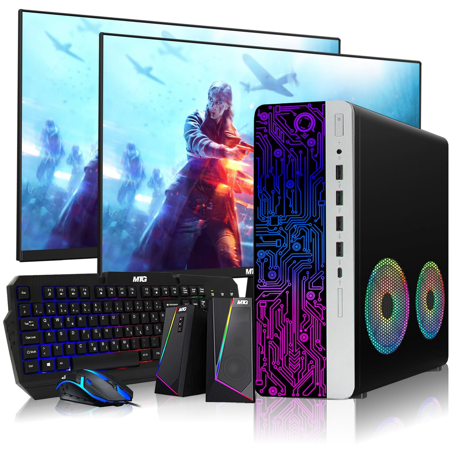 Restored HP G3 Desktop RGB Computer PC Intel i7-6th Gen,16GB DDR4 Ram 512GB SSD,Dual 24 Inch Monitor,RGB Speaker,Gaming Keyboard Mouse,2X ARGB Fan WiFi,Windows 11 Pro