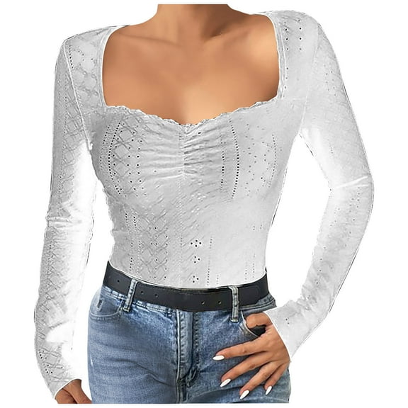 tarylea Going out Tops for Women Eyelet Square Neck Lace Shirts Slim Fitted Breast Pleated Long Sleeve Cute Tops