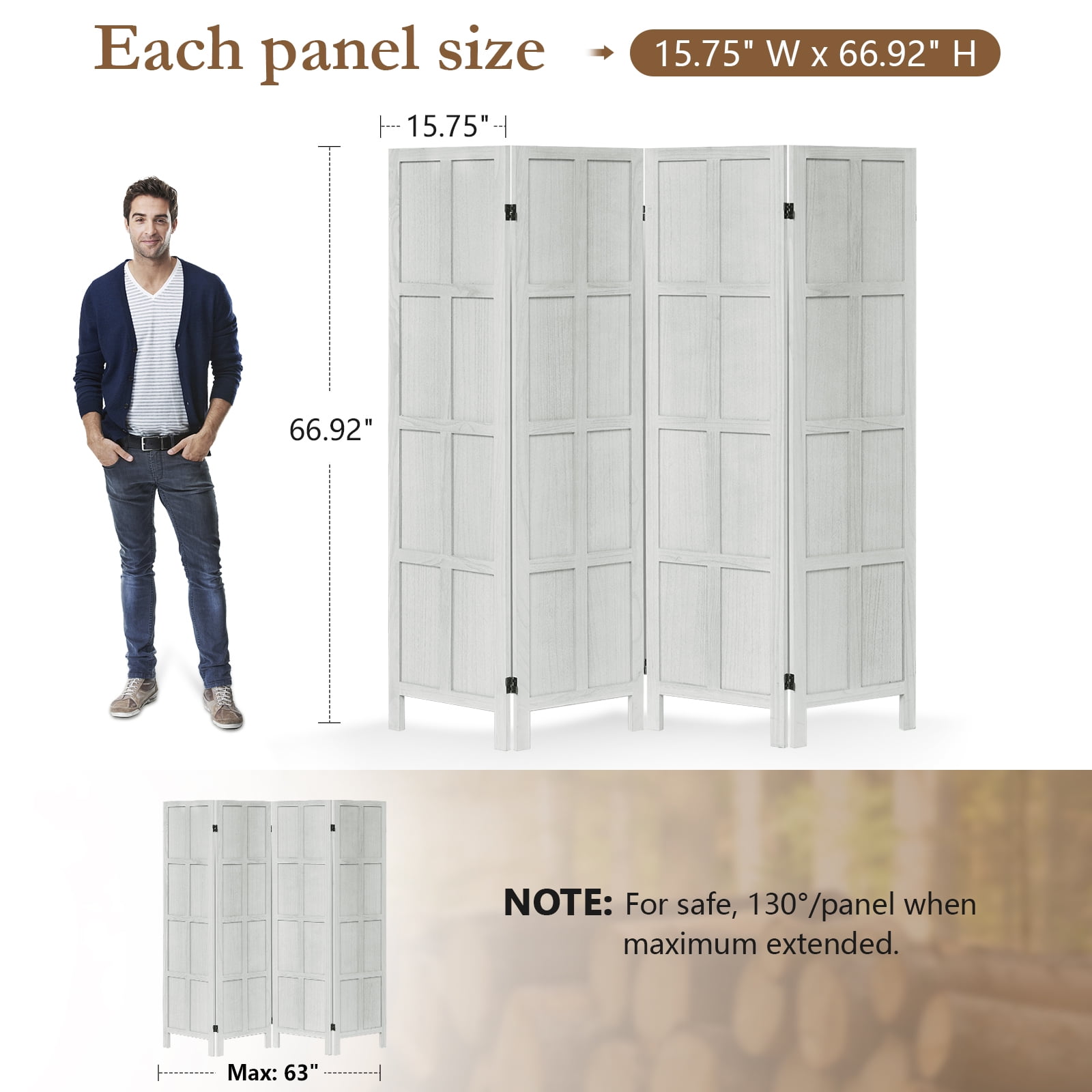 Aletheiawu 4 Panel Room Divider Wall and Folding Privacy Screens，No Installation Required，White