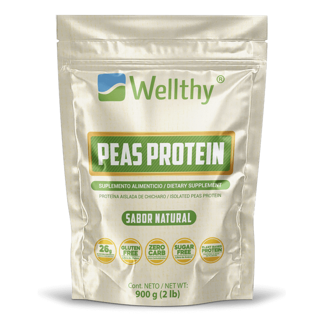 PROTEINA VEGANA 100% PURA DE CHÍCHARO AMARILLO 900gr, sin endulzantes, sin saborizantes y sin colorantes Wellthy pouch con polvo