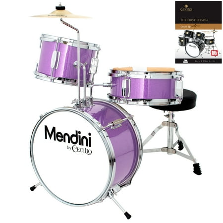 Mendini by Cecilio 13 Inch 3-Piece Kids / Junior Drum Set with Adjustable Throne, Cymbal, Pedal, Drumsticks & Lesson Book, Metallic Purple, MJDS-1-PL
