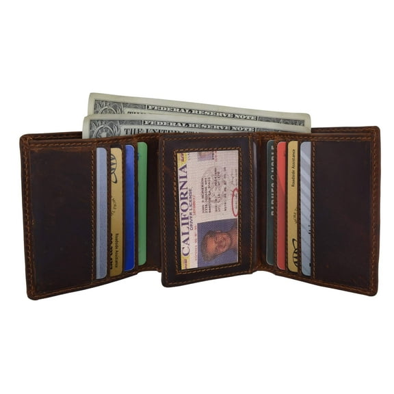 RFID Blocking Vintage Hunter Brown Leather Men's Trifold Wallet Center Flap New