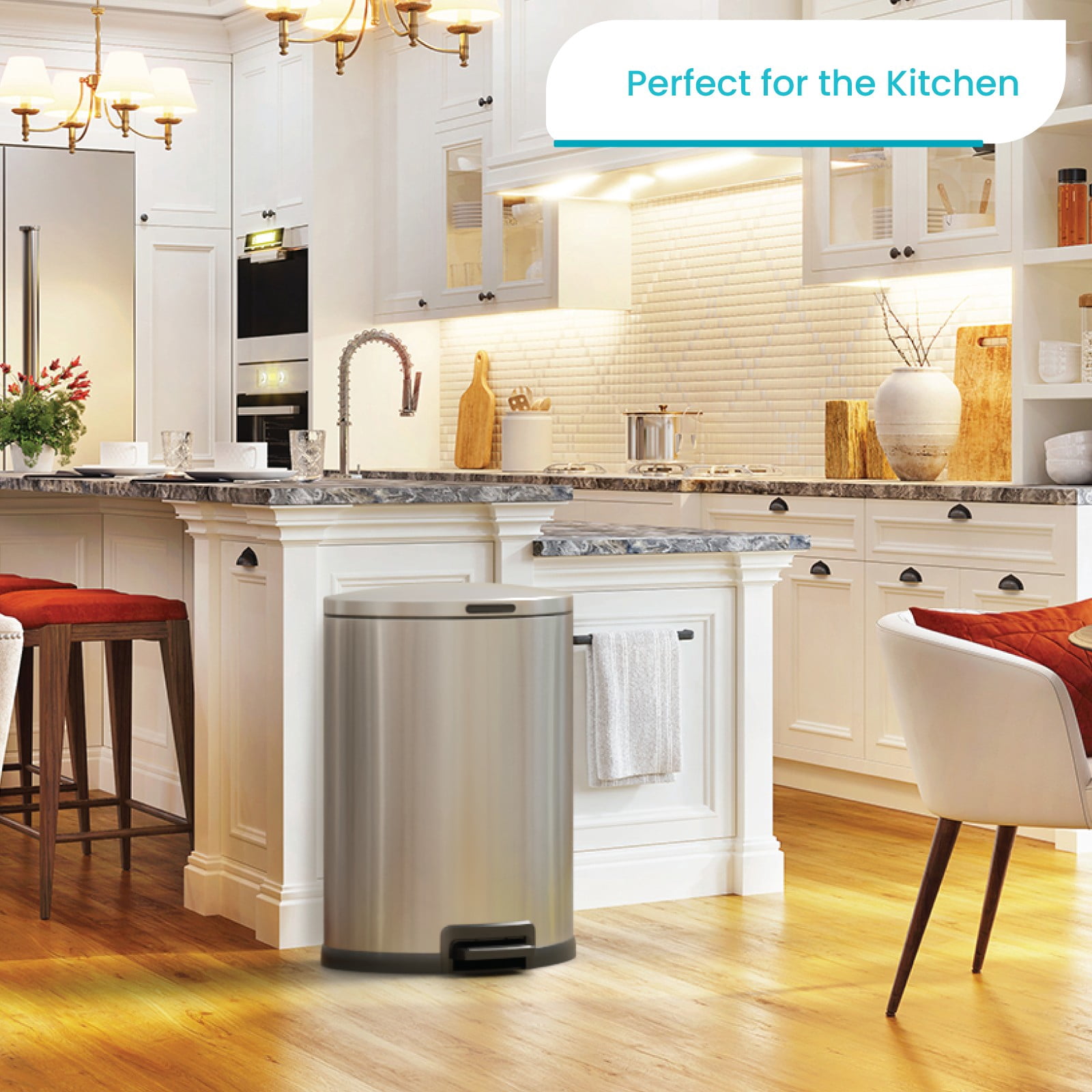Home Zone Living 12 Gallon Semi-Round Stainless Steel Kitchen Trash Can with Step Pedal and Soft Close Lid, Silver