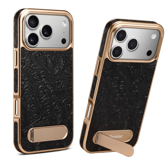 ELEHOLD For iPhone 17 Pro Max Magnetic Case, Plating Edge Shockproof Premiun Leather Retro Floral Fold Kickstand Slim Cover For Women Men,Black