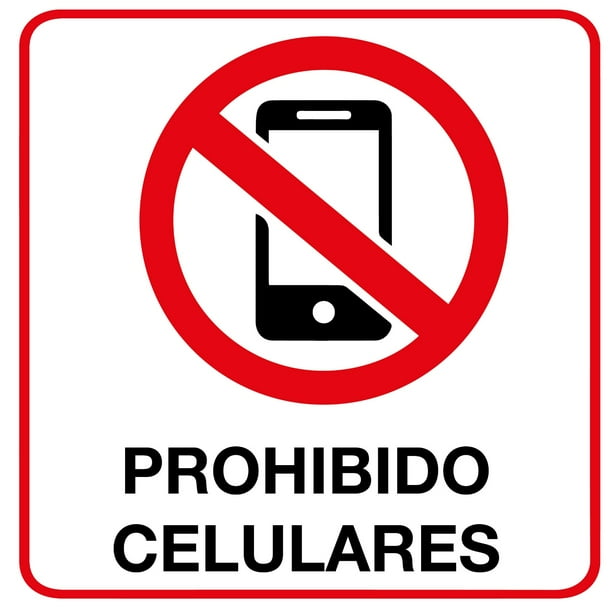 Señalamiento: "Prohibido el uso de celulares", blanco y rojo. Impreso en plástico estireno calibre 40, medidas: 20 x 20 cm, ideal para interiores y exteriores. Letrero, Señal cuadrada prohibitiva.