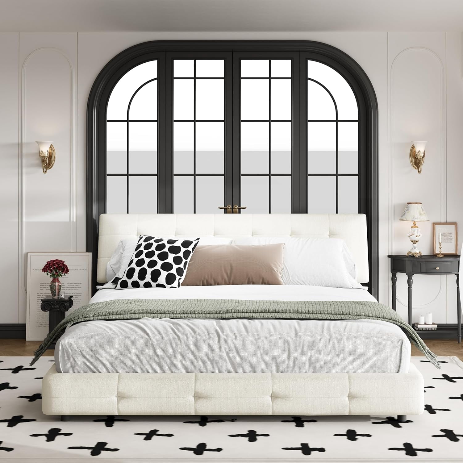 King Size Platform Bed Frame, Upholstered Chenille Tufted Headboard, Heavy Duty Metal, Wood Slat Support, Mattress Foundation, No Box Spring Needed, Noise-Free, Easy Assembly, Bedroom, Beige