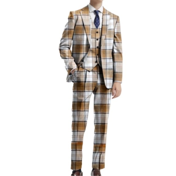 i·FineLong Men's Brown and White Plaid Three-Piece Suit ,Suitable for Business and Formal Occasions