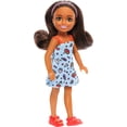 thumbnail image 5 of Barbie Chelsea Doll, Small Doll Wearing Removable Blue Dress with Colorful Print & Pink Shoes, Brown Hair & Green Eyes, 5 of 5