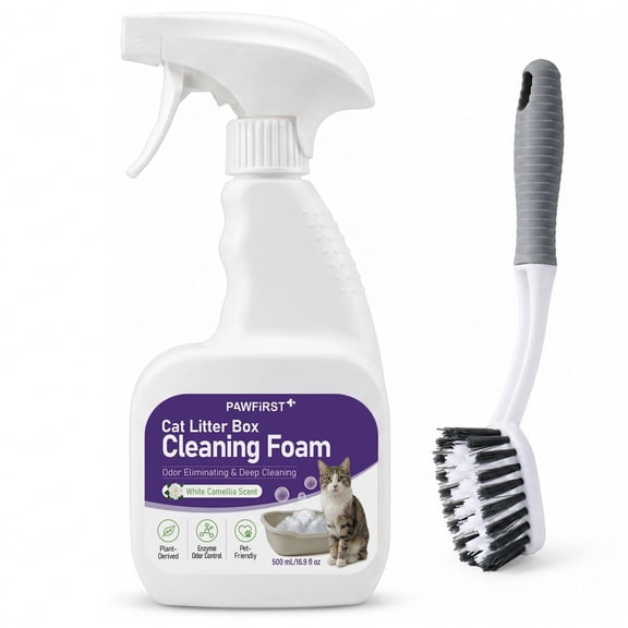 PawFirst Cat Litter Box Cleaning Foam with Scrub Brush, 500ml Plant-Based Enzyme Cleaner, Odor Control, White Camellia Scent