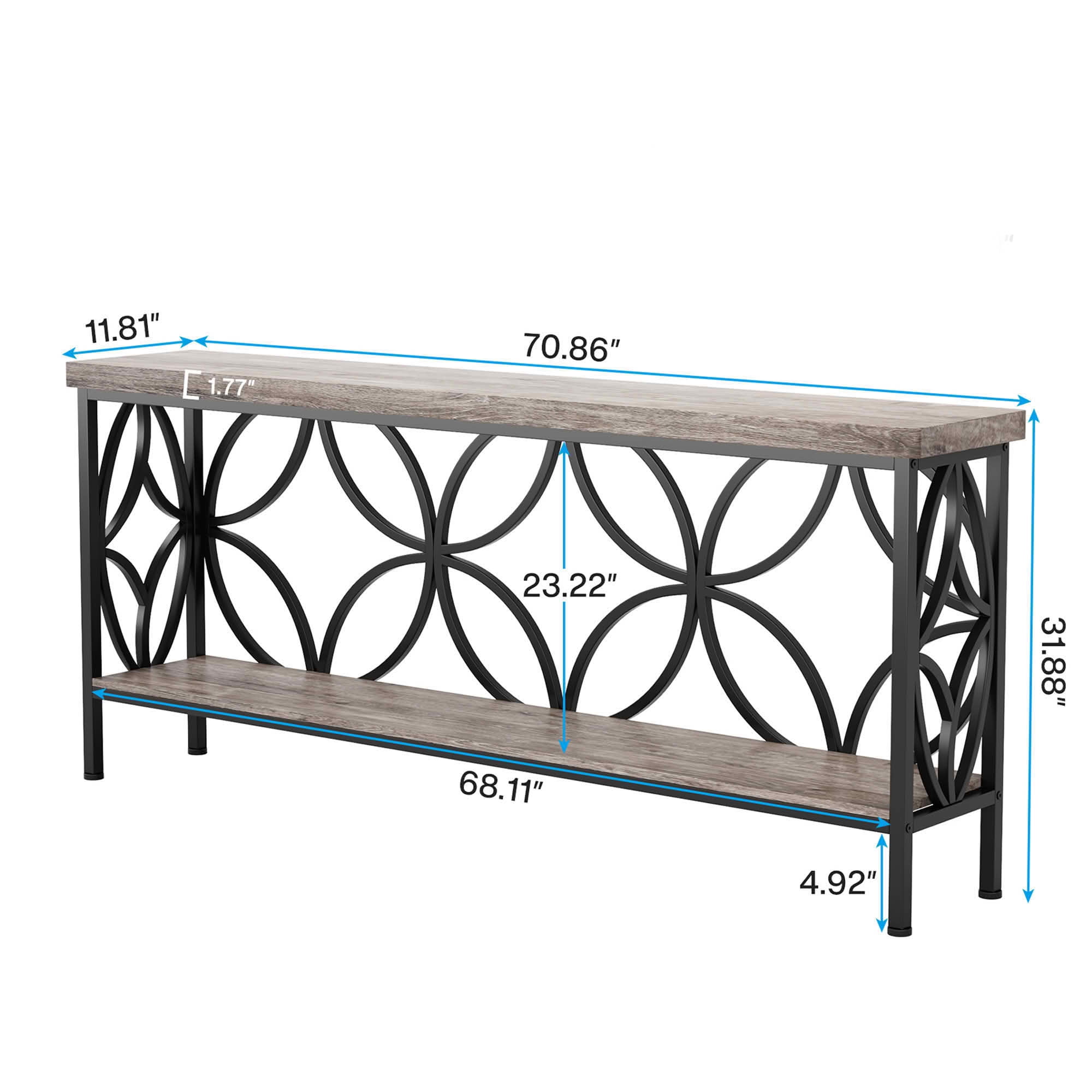 MAYEERTY 70.9" 2-Tier Industrial Console Table, Rustic Wood Top Black Metal Frame Sofa Table with Adjustable Floor Pads