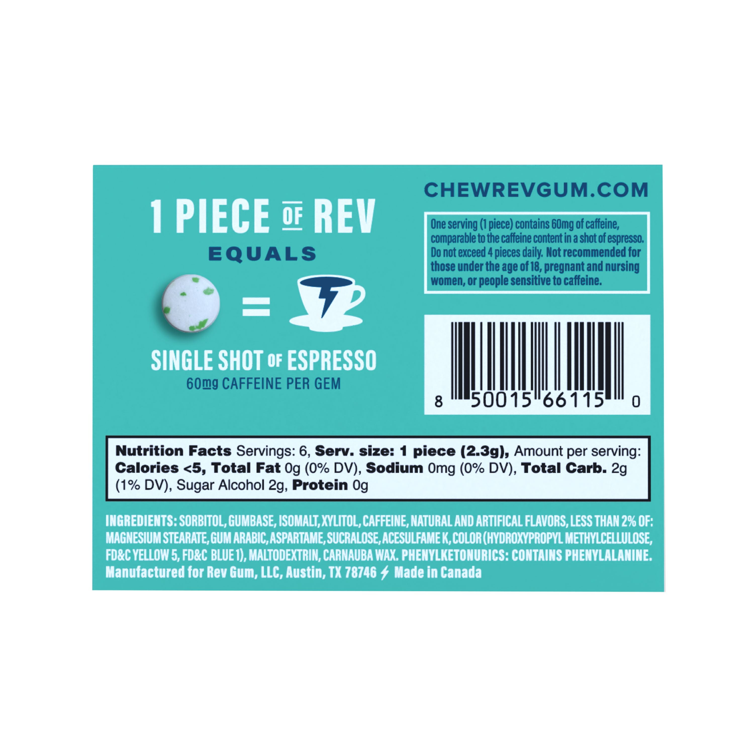 (6 pack) Rev Gum Sugar Free Spearmint Energy Gum, 6 Pieces