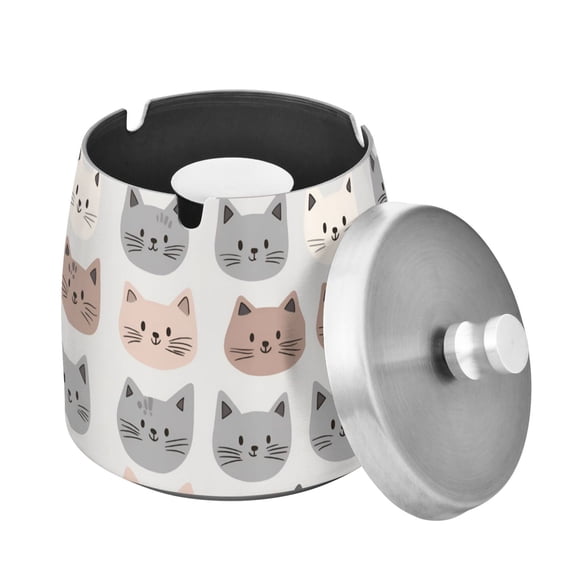 Yayeee Ashtray with Lid for Cigarette Smokeless Stainless Steel Home Ash Holder, Gray Cat Pattern