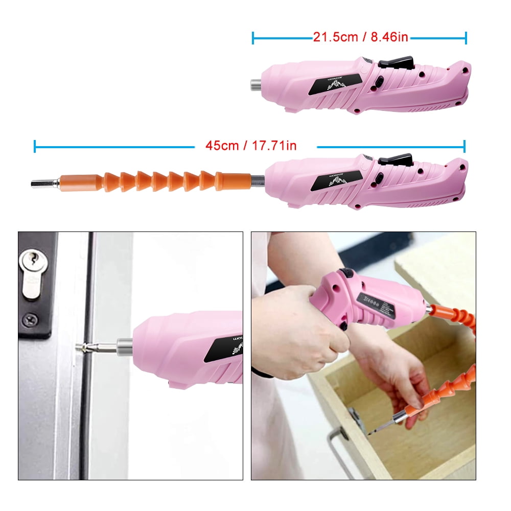 47pcs Pink Cordless Electric Screwdriver USB Charging Portable Electric Screwdriver Rotatable with LED Light Multi-functional Home Electric Repair Tool Kit