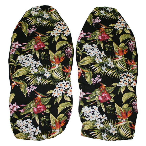 Hawaiian Car Seat Covers, Black and Pink Red Flower, Set of 2 Front