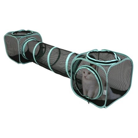 Kitty City Two-Way Cat Tunnel with Cubes, Mesh Pop-Open Playset for Indoor & Outdoor Use, Black & Teal,