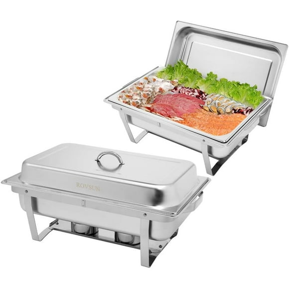 8 Qt 2 Pack Full Size Stainless Steel Chafing Dishes Buffet Set, NSF Silver Rectangular Catering Chafer Warmer Set with Trays Pan Lid Folding Frame Stand for Kitchen Party Banquet Dining