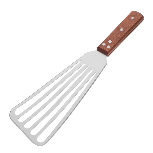 Espátula de acero inoxidable con ranuras para pescado y mango de madera, de metal, para freír, voltear pescado, carne y huevos
