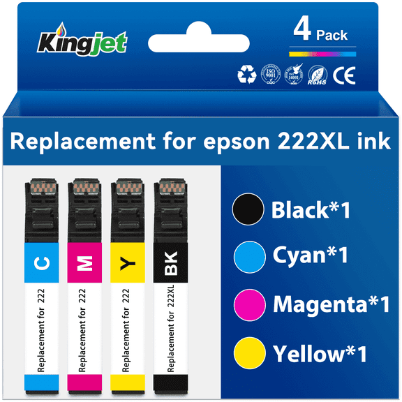 Kingjet Ink Compatible with Epson 222 Ink Cartridges for Epson Expression Home XP-5200 Workforce WF-2960 Printer (4 Pack)