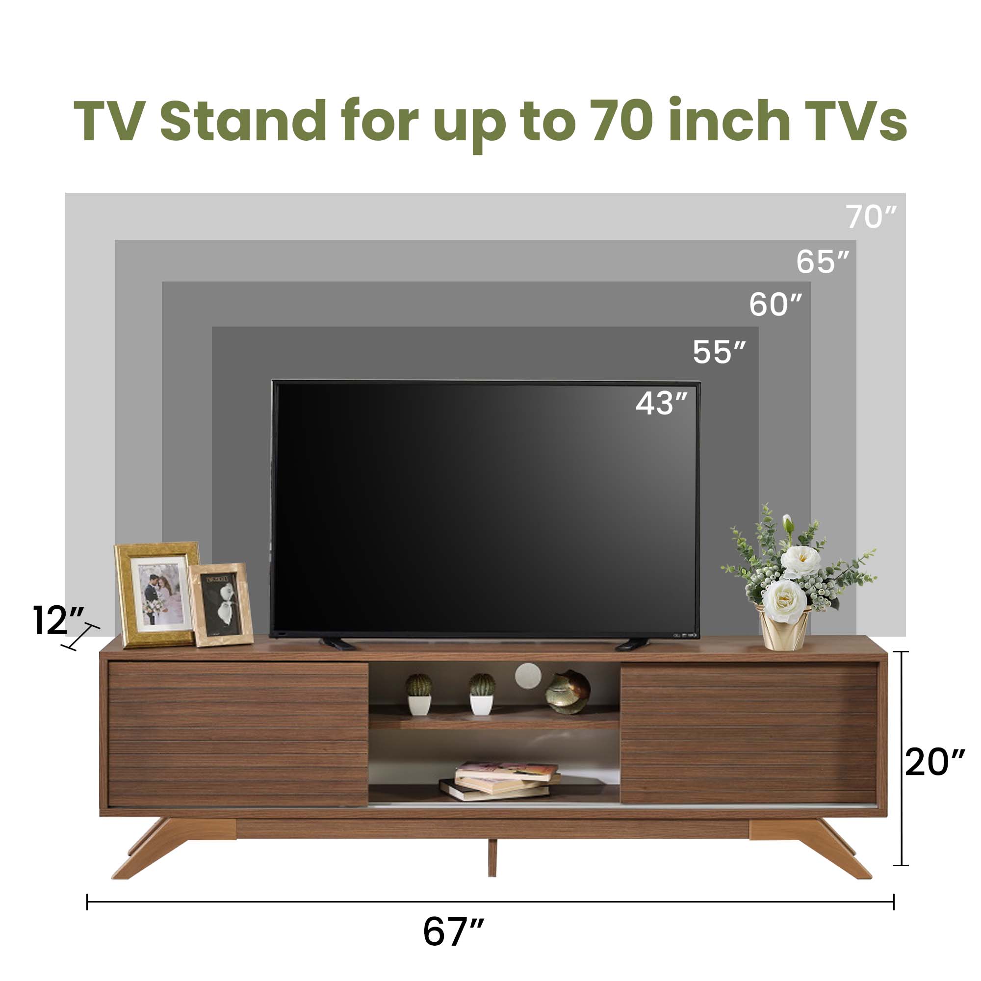 Aukfa Modern TV Stand for TVs up to 70" - TV Cabinet with 2 Sliding Door for living Room - Walnut