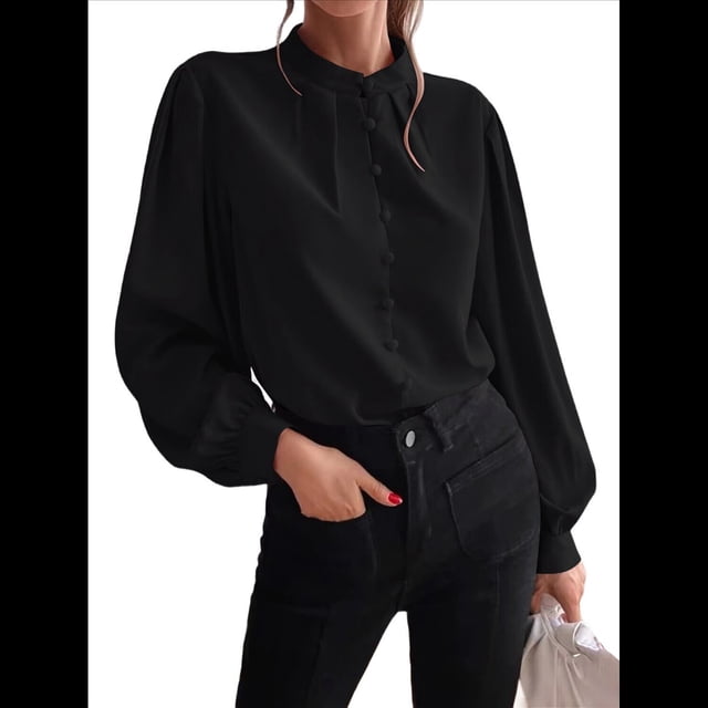 Camisas con Botones para Mujer, Blusas de Otoño para Mujer, Blusas Informales de Negocios para Mujer Negro XXL