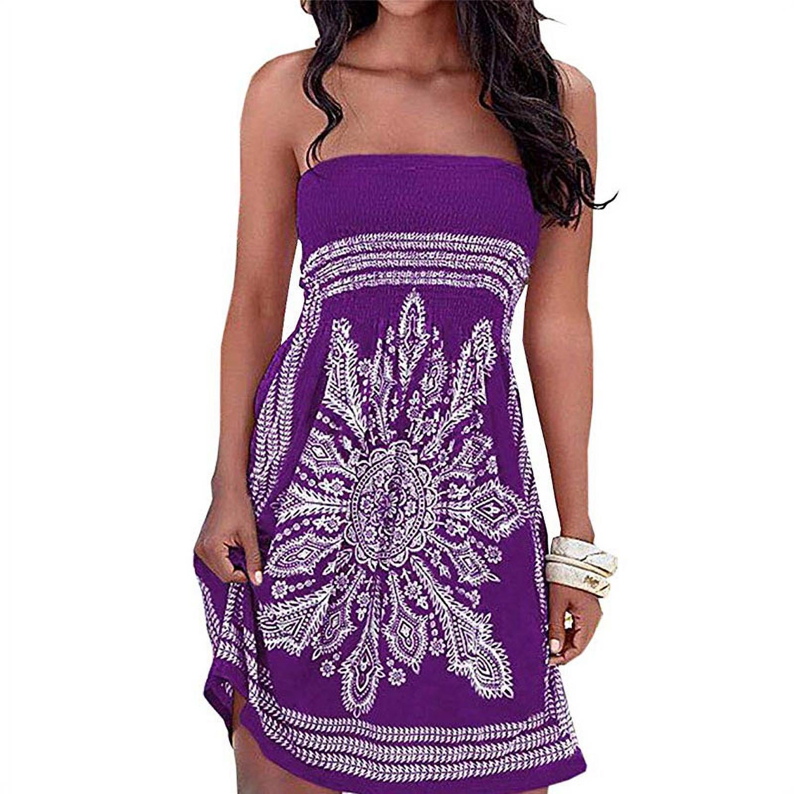 Women's Summer Dress Strapless Floral Print Bohemian Casual Mini Beach