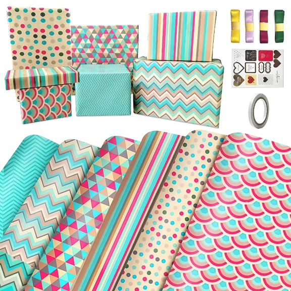 Wrapping Paper Sheets - Birthday Wrapping Paper Set With Gift Sticker & Ribbon